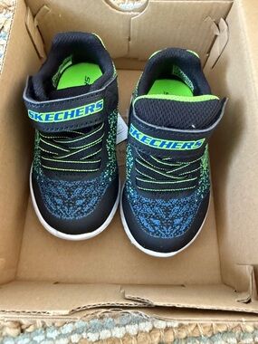 Skechers Kids Black, Blue & Neon Green Velcro Sneakers